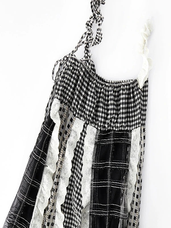 Patchwork Checked Lace Slip Dress
