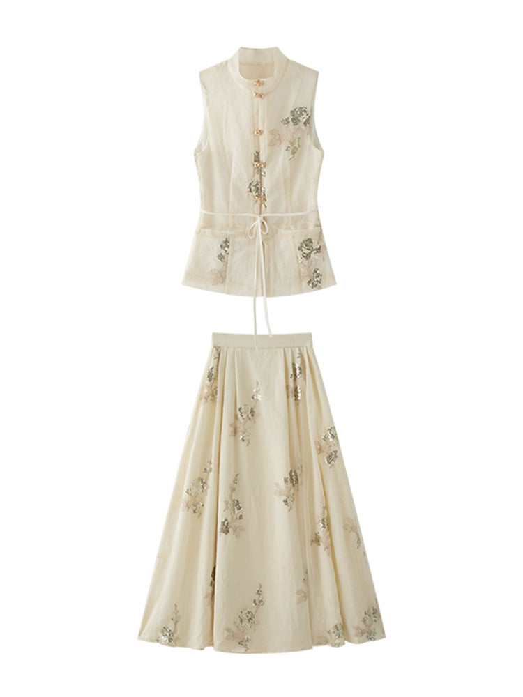 Sequin Embroidery Chinese Stand Collar Vest Long Skirt