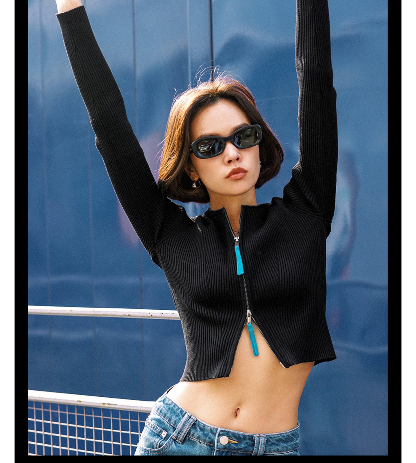 TR彼女は暑くてリラックスしていて、黒の両開きジッパー、対照的な長袖、スリムなニットカーディガンが付いています