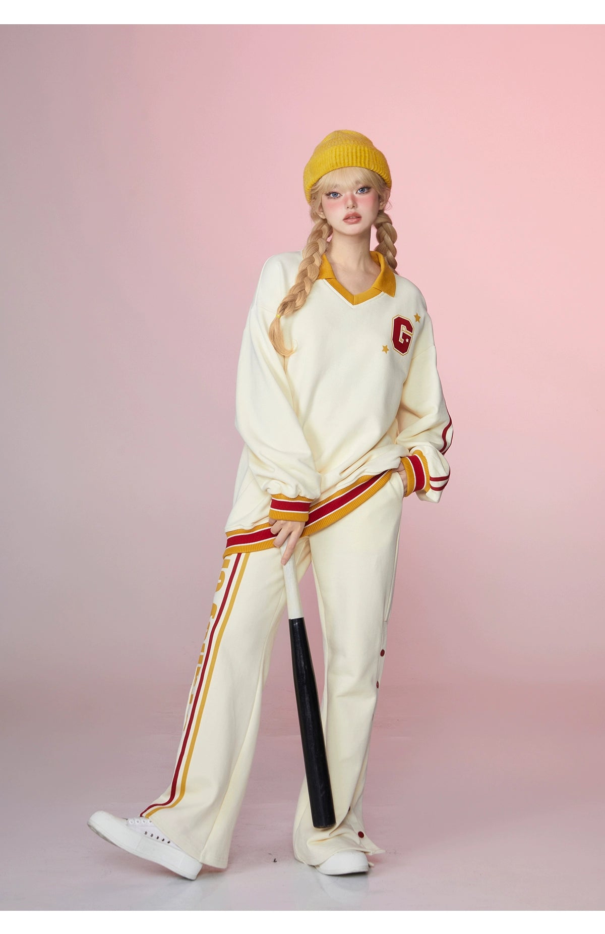 GirlyFancyClub90のアメリカンベイブ*秋の衣装プリントコントラストスレッドVネックルーズスウェットシャツ女性