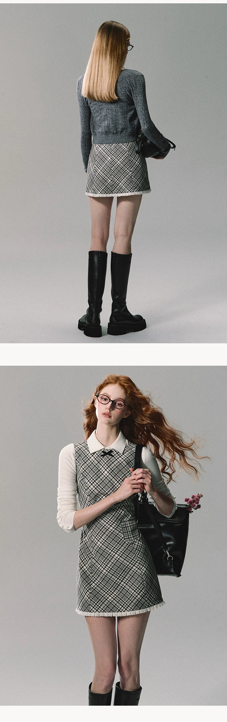 OAKMOO "オーク&ヘーゼルナット" ブラック&ホワイトチェック カレッジドレス レディース 秋 スリムスリム スリムベスト スカート