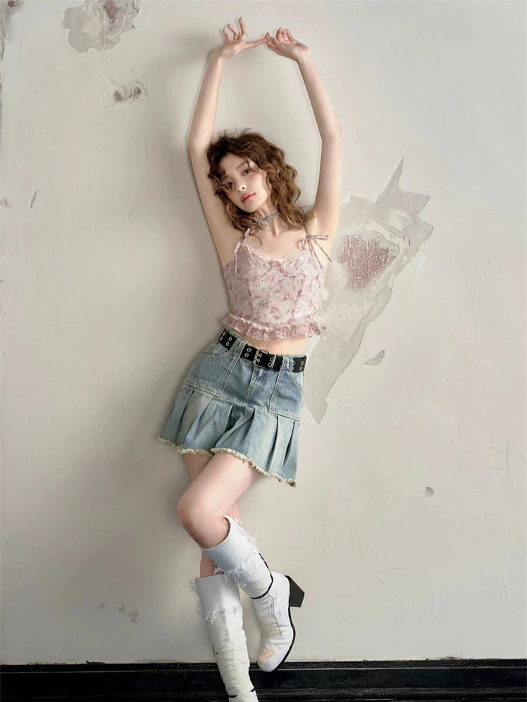 Pink Floral Small Suspender Lace Bow Dress