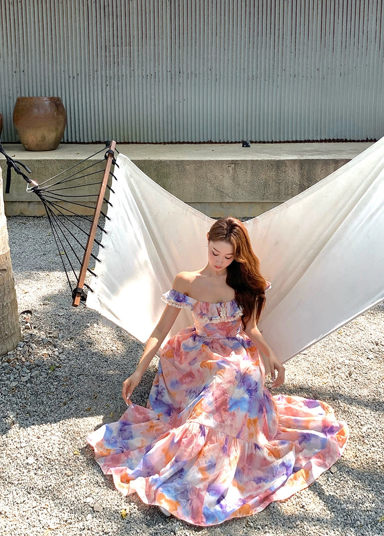 Xiaoli XIAOLIペン画春スクエアネック花柄ドレスロングドレスChardopamineは茶休憩フランスのプリンセスドレスを着ています