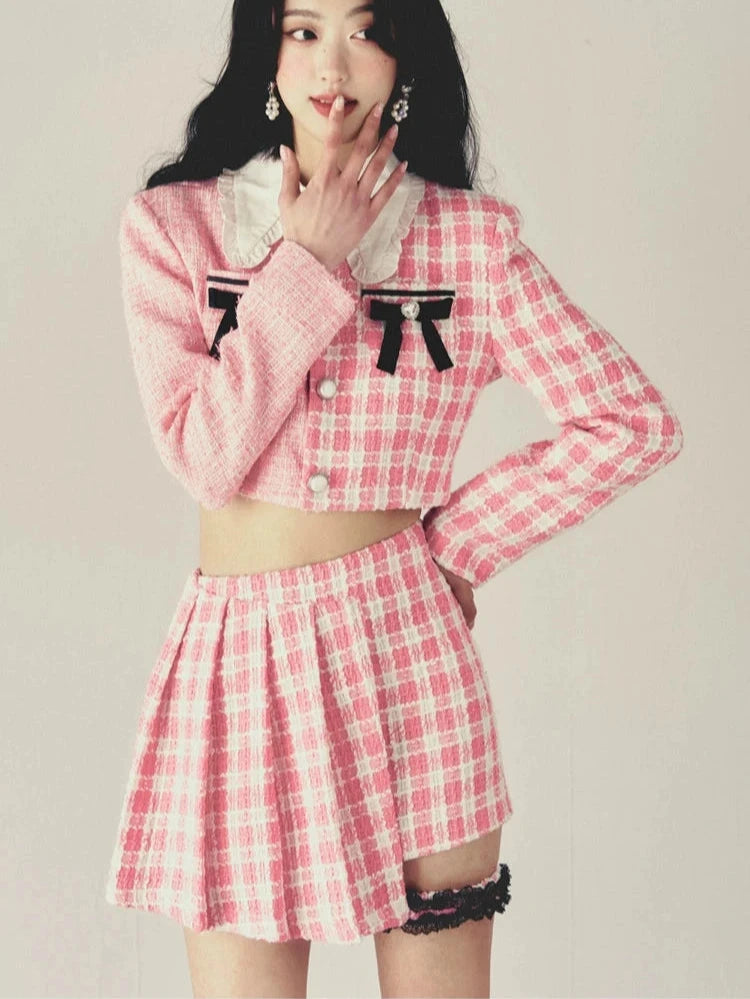 Pink Checked Stitch Bow Skirt