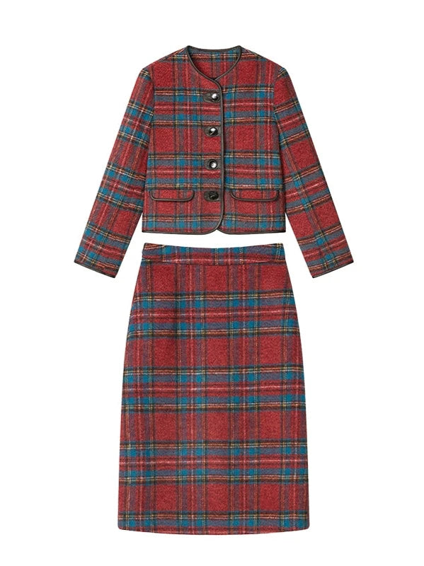 Retro red and blue plaid tweed skirt