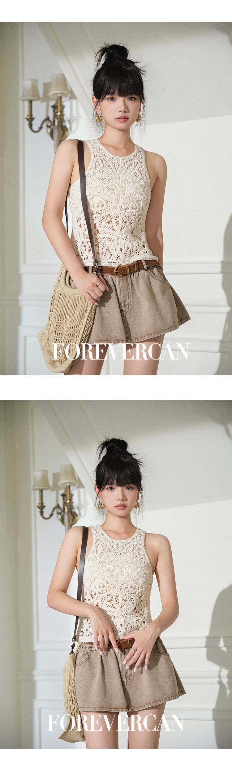 フォーエバーカン レディース 2024年秋 新作「キューバブロック」レトロなディストレスト多用途デニムスカート