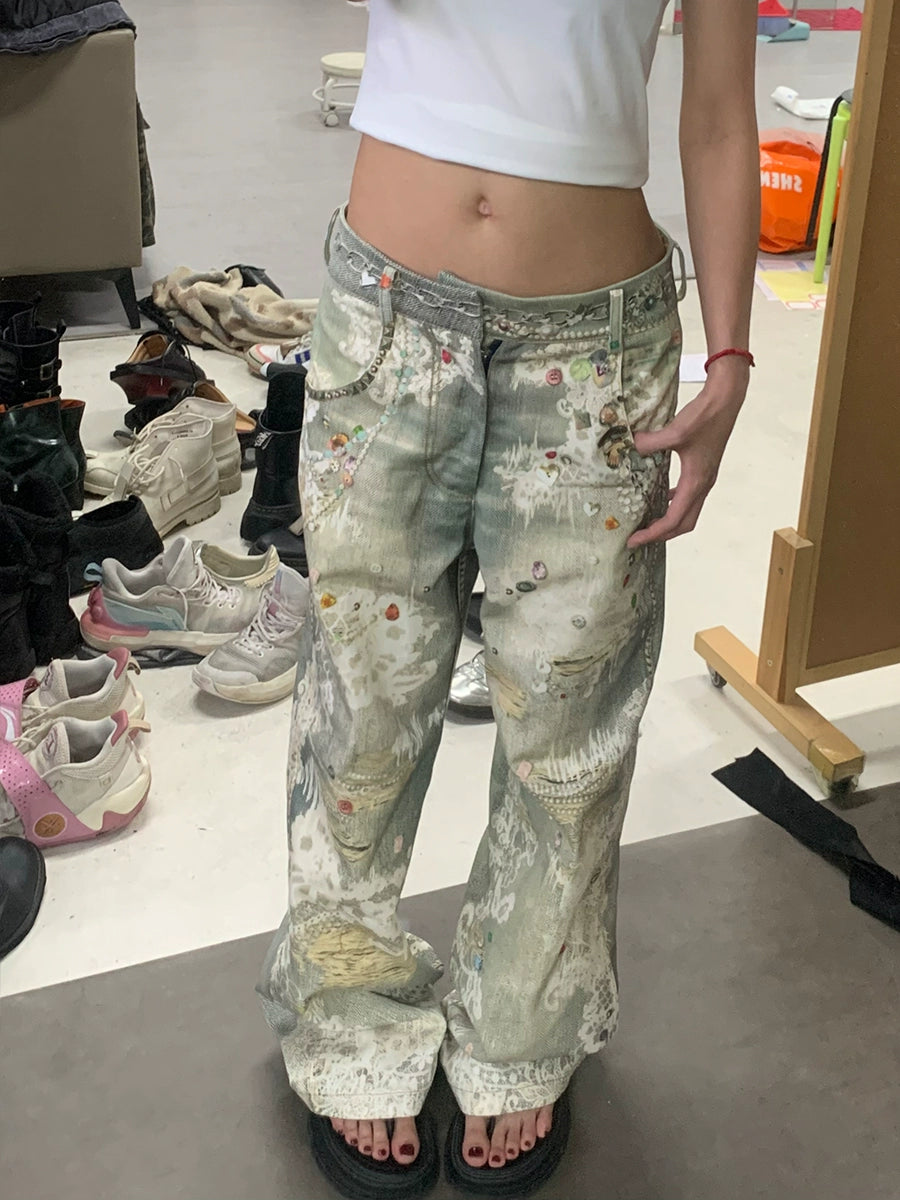 FayChuiビンテージプリントジーンズオリジナルデザインのズボングラフィティストレートフレアパンツ