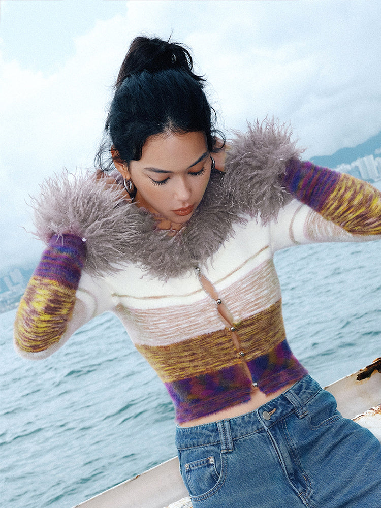 TR彼女のホットリトルテディカーリーカラー取り外し可能なグラデーションカットアウトニットクロップトップストライプスリムフィットカーディガン