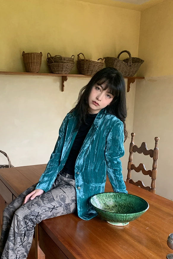 Novakilo秋シアンベルベット丁乱雑にしわが寄ったヴィンテージゴールドフィリグリー高級スリムフィットスーツ