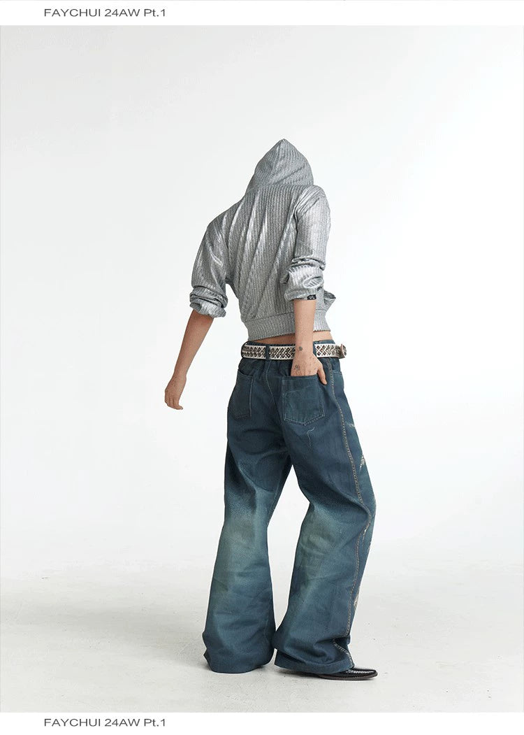 FayChui 24AWオリジナルデザインデジタル3Dプリントフルプリントヒョウ柄ナイフカットパネルルーズワイドレッグジーンズ