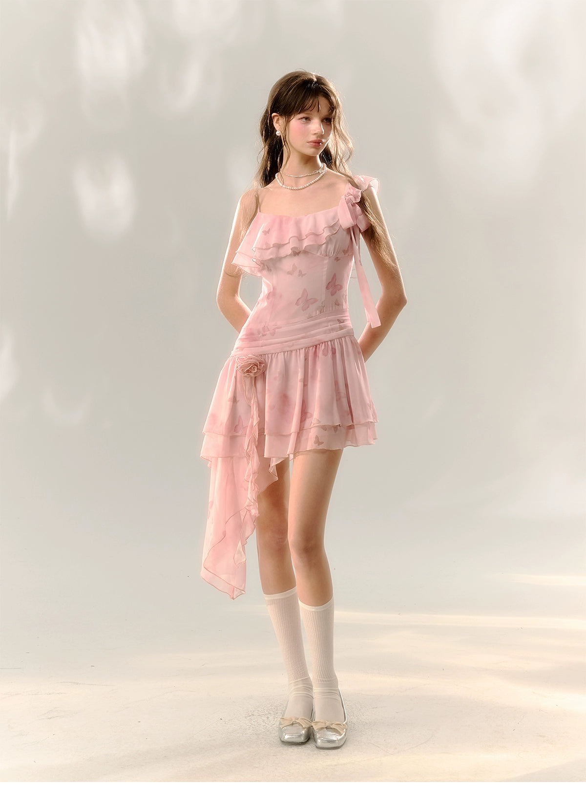 サンセットパーク「ピンクバタフライドリームス」不規則なサンドレスプレフォールベースストリーマードレス