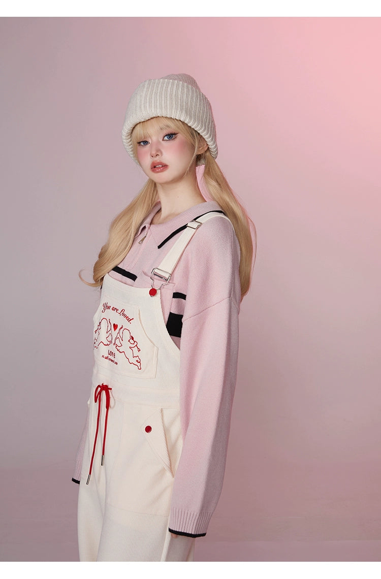 GirlyFancyClubスウィートヴィンテージ*カジュアルカジュアルワイドレッグパンツワッフルニットルーズカーゴビブパンツ