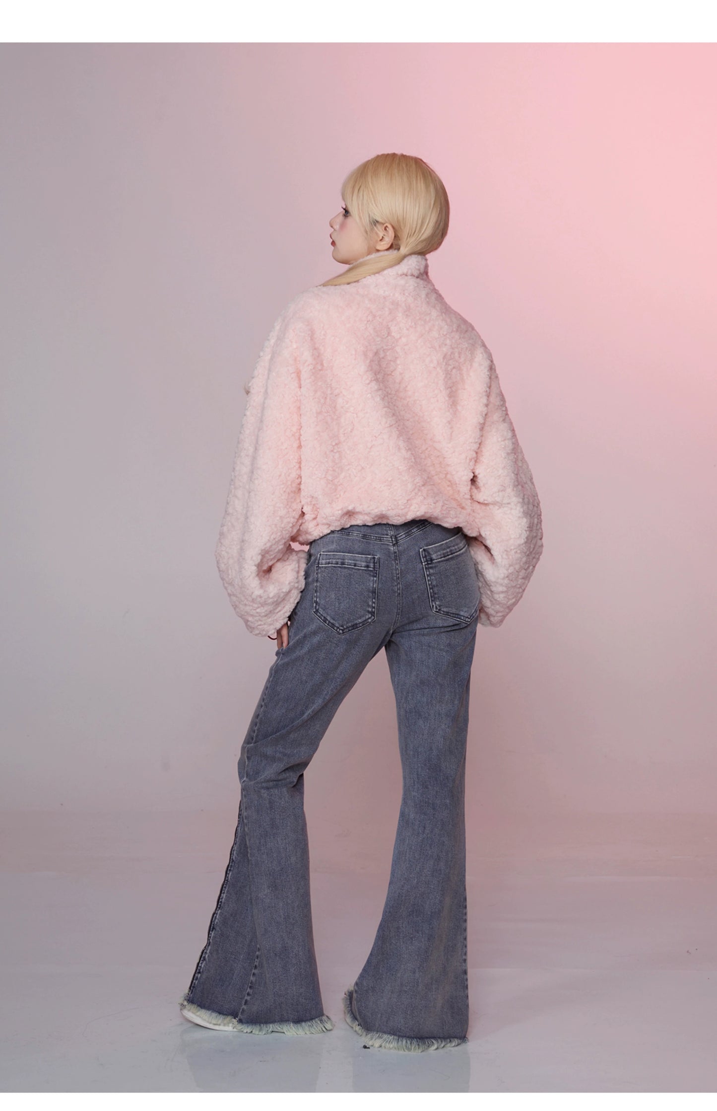 GirlyFancyClubソフトクリームホワイトシープのフリーストップレディーススタンドカラーハーフジップルーズスウェットシャツ