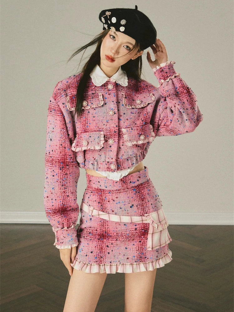 Pink Fragrance Check Stitch Ruffle Skirt