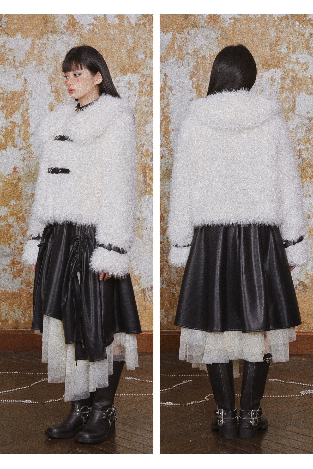 GirlyFancyClubリトルホワイトベア*スウィートクールレザーボタン羊巻き毛皮ジャケット暖かい襟エコファー冬