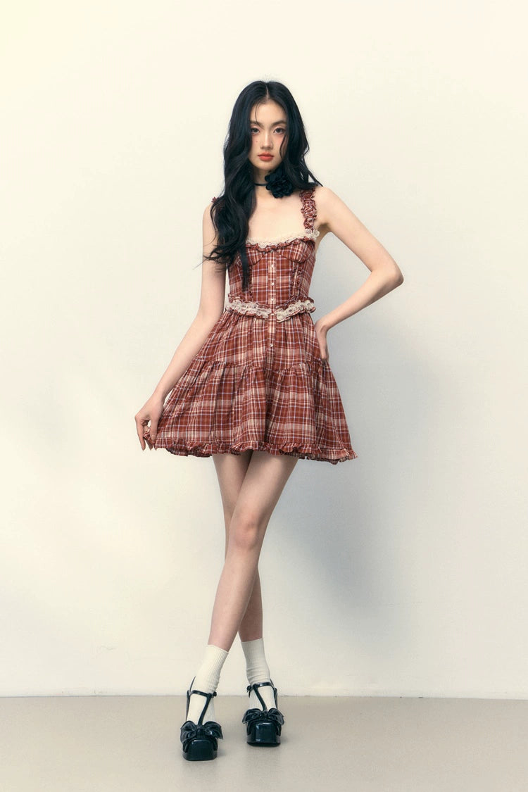 1P STUDIOベルリンガールオリジナルデザインレッドチェックフリル装飾レーススリップワンピース