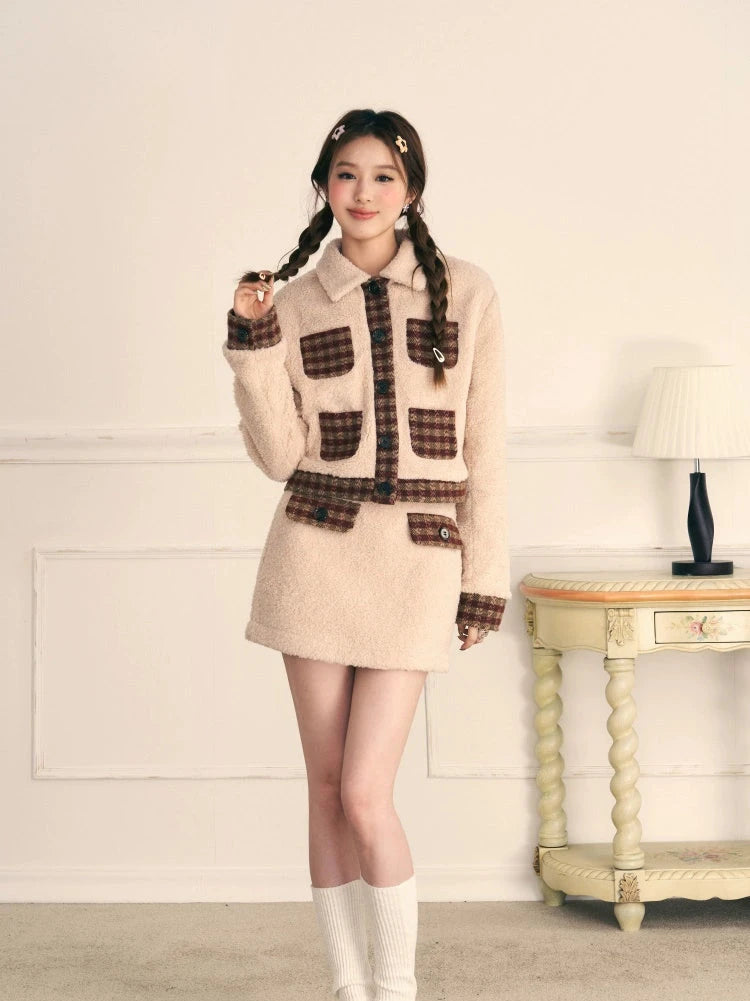 Checkered Stitched Milk Boa Jacket