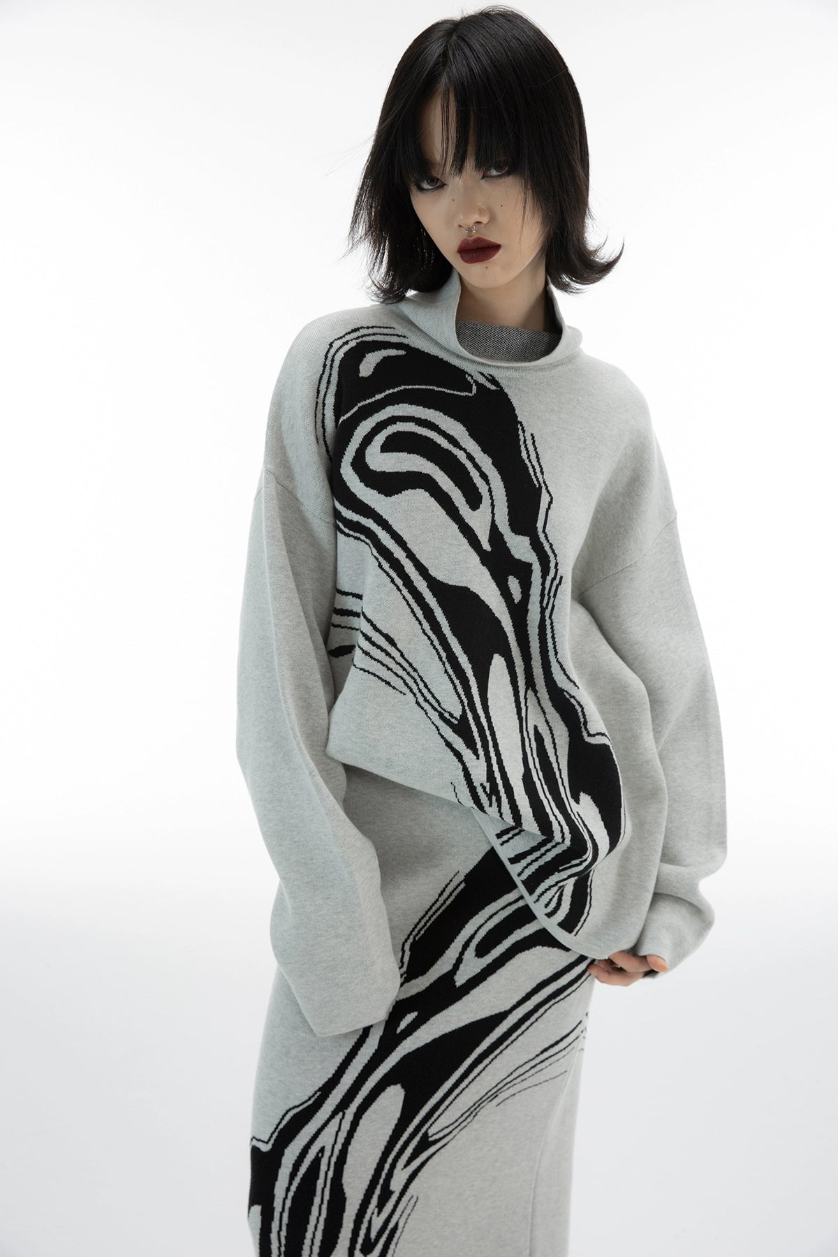 ALINNVオリジナルルーズファッションカジュアルスーツレディース新しいリバーシブルスラウチースタイルセーターレディース+ストレートスカート