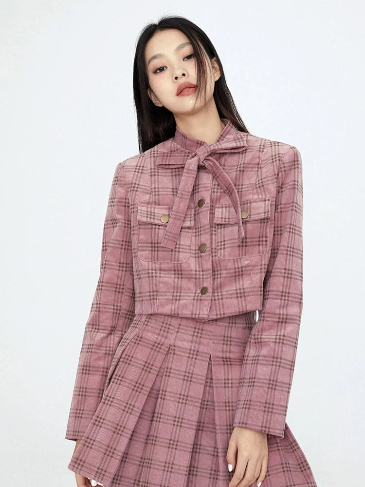 Pink Brown Check Corduroy Preppy Jacket