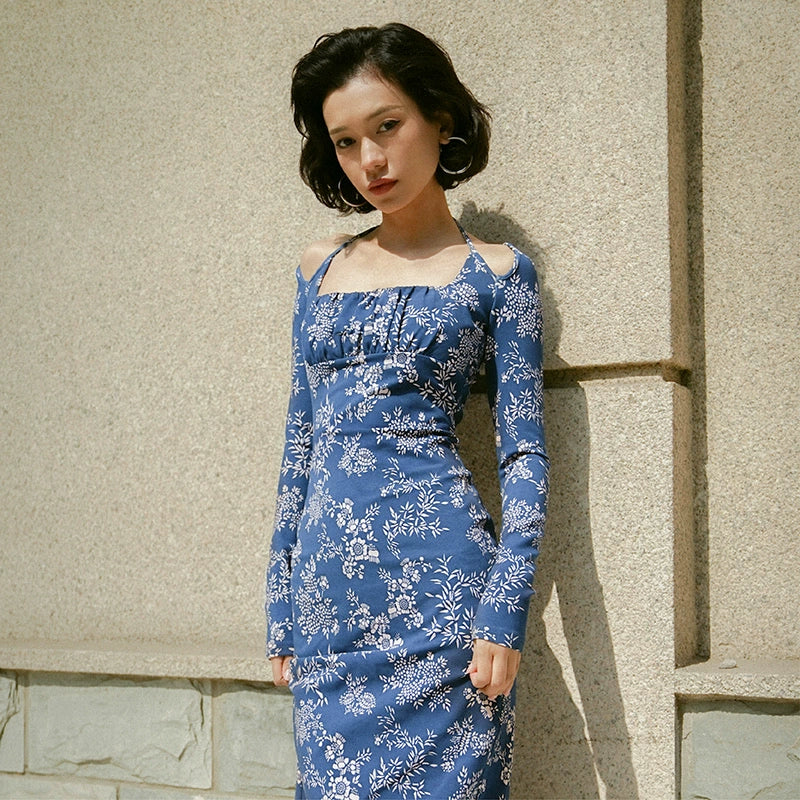 TR She ホットアシマ インディゴ染料 オリジナルデザインプリント マキシスカート スリムフィットタイ ヒップストレッチドレス