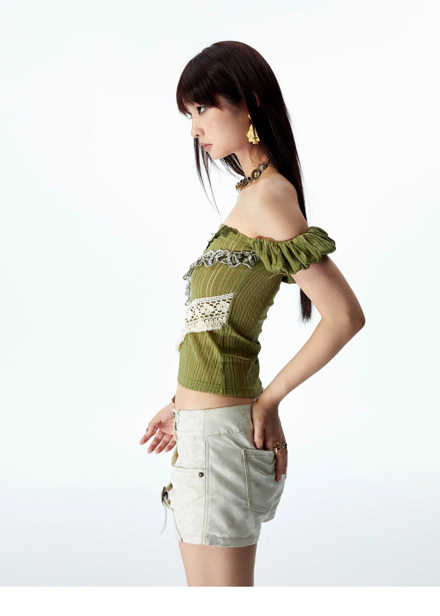 YOSHUYUKI オリジナルデザイン シダーグリーンストレッチニット ビンテージレース ストレートショルダー バンドゥ 半袖