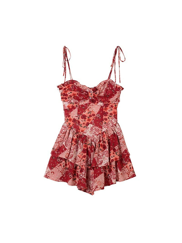 Floral Pattern Slip Wine Red Dress