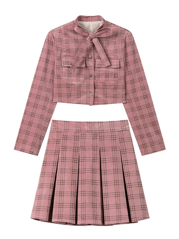 Pink Brown Check Corduroy Preppy Short Skirt