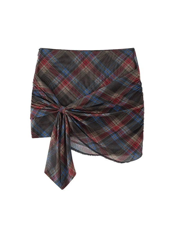Original Design Vintage Red & Blue Check Mesh Wrap Hip Skirt