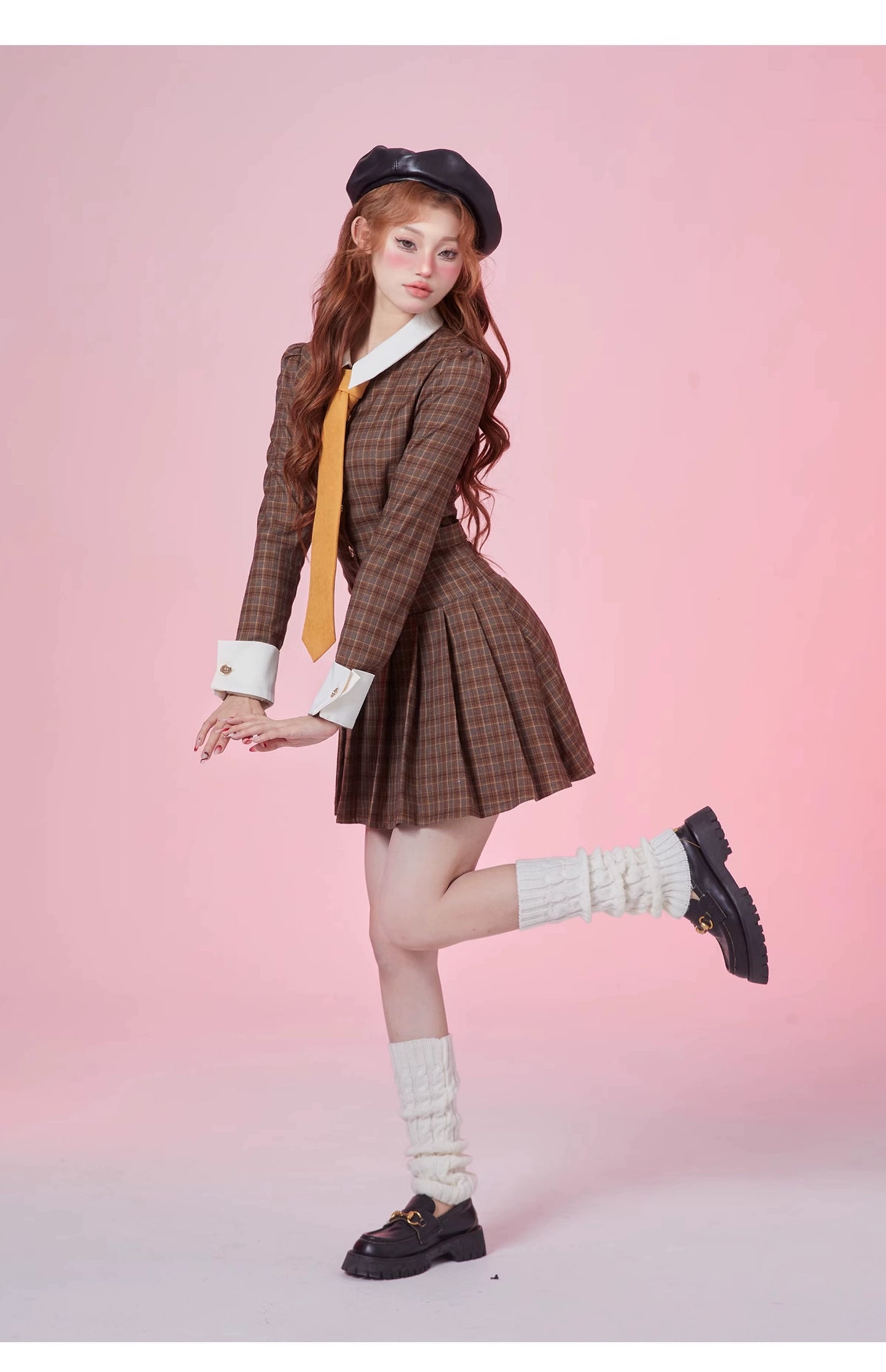 GirlyFancyClub Maillard Preppy – 冬用ヴィンテージ糸染めチェックのシンチウエストプリーツ長袖ドレス