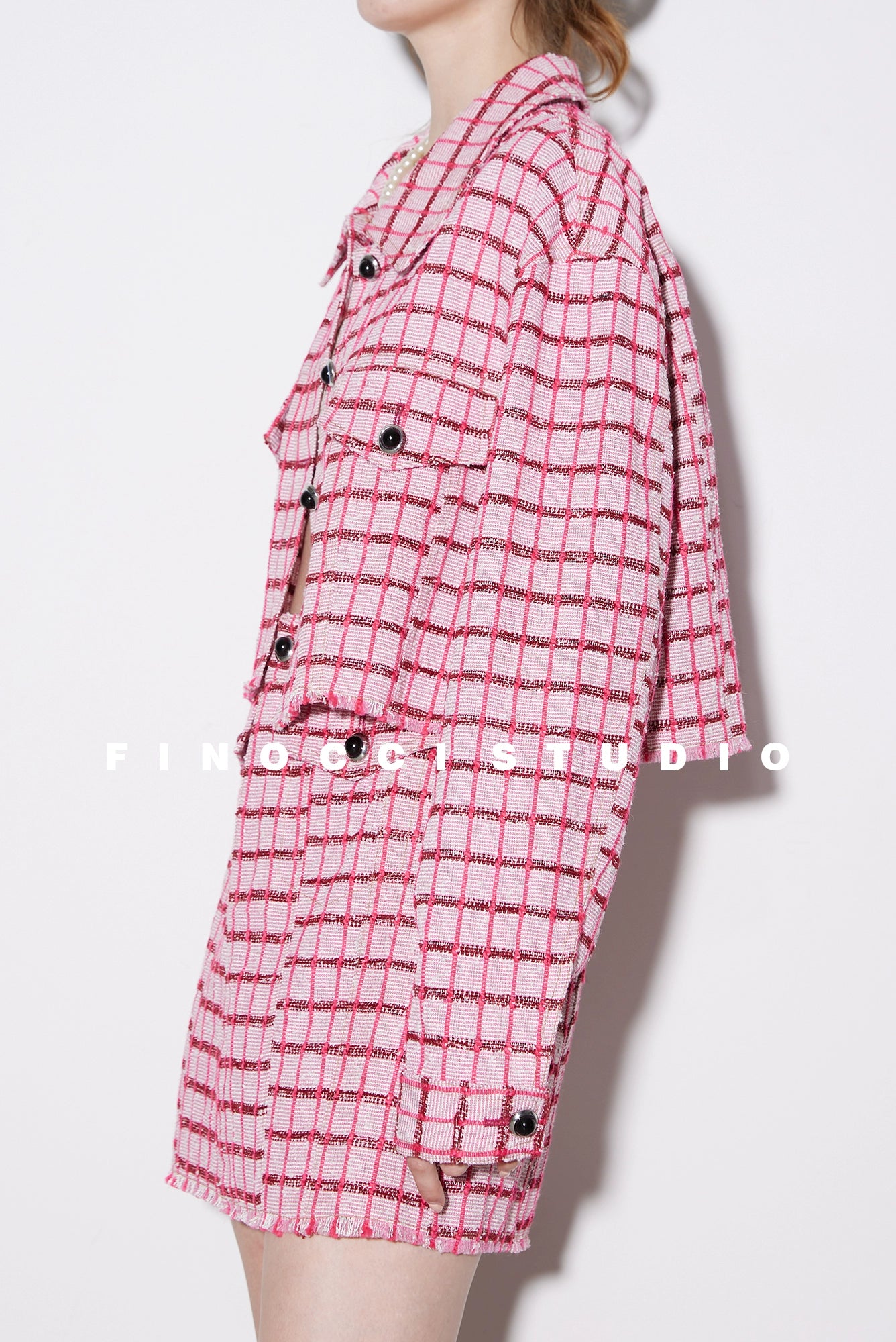 FINOCCI秋の花の糸混紡ツイードパウダー市松模様の高品質の風合いゆったりとした繊細な気質スリムスカートセット