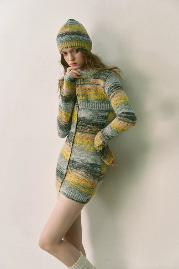 1P STUDIOマルチカラーラウンドネックスリムフィットニットショートカーディガンジャケットタイトブレストバンドゥスカートセット