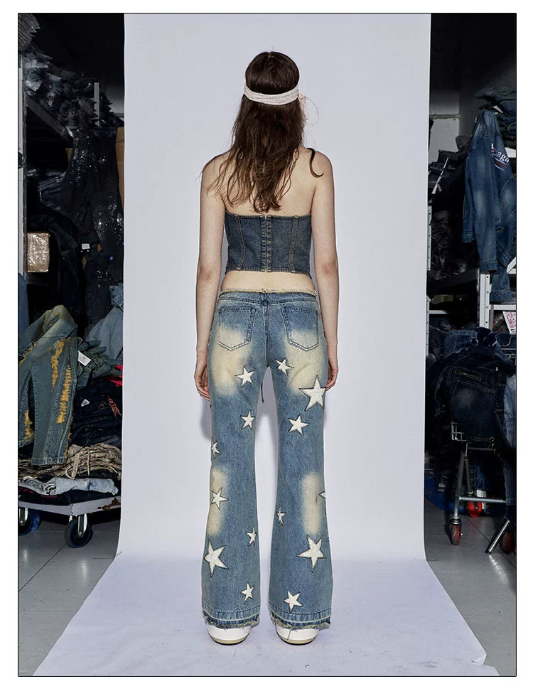 フェイ・チュイ・アメリカン・ベイブス・スターパネル・ウォッシュド・ディストレスド・ルーズエッジ・デザイン・マイクロ・フレア・ローライズ・ジーンズ