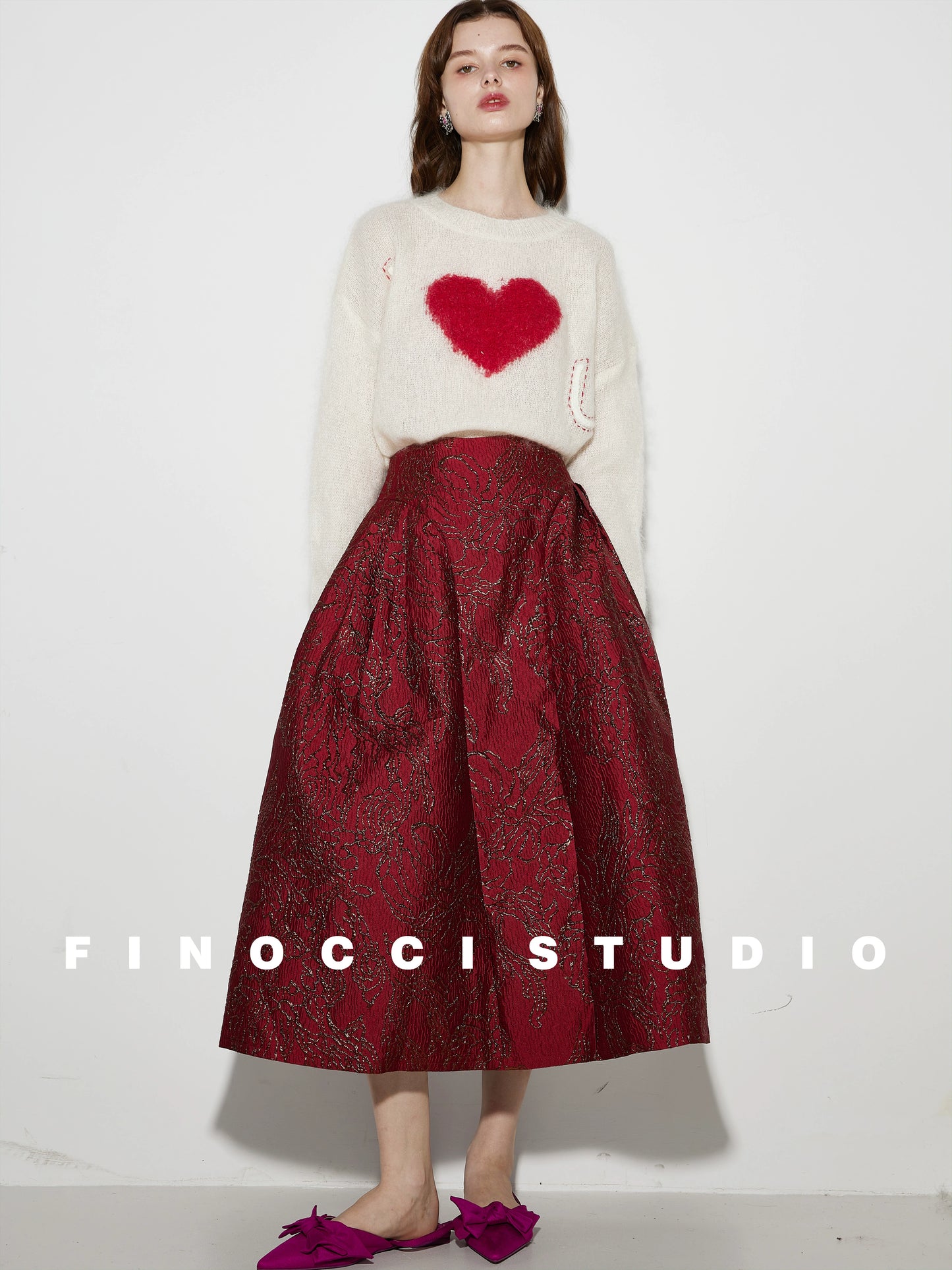 FINOCCI春の新しいエレガントなレトロな赤いジャカードフェミニンなデザインセンスハイウエストスリムふわふわ傘スカート