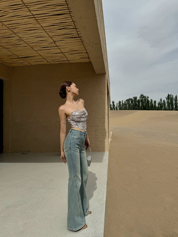 Xiaoliweiフレアストレートレッグワイドレッグジーンズ、夏の細いデザイン、レトロなスリムパンツ