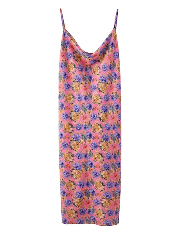 Retro Flower Straight Neckline Slip Backless Dress