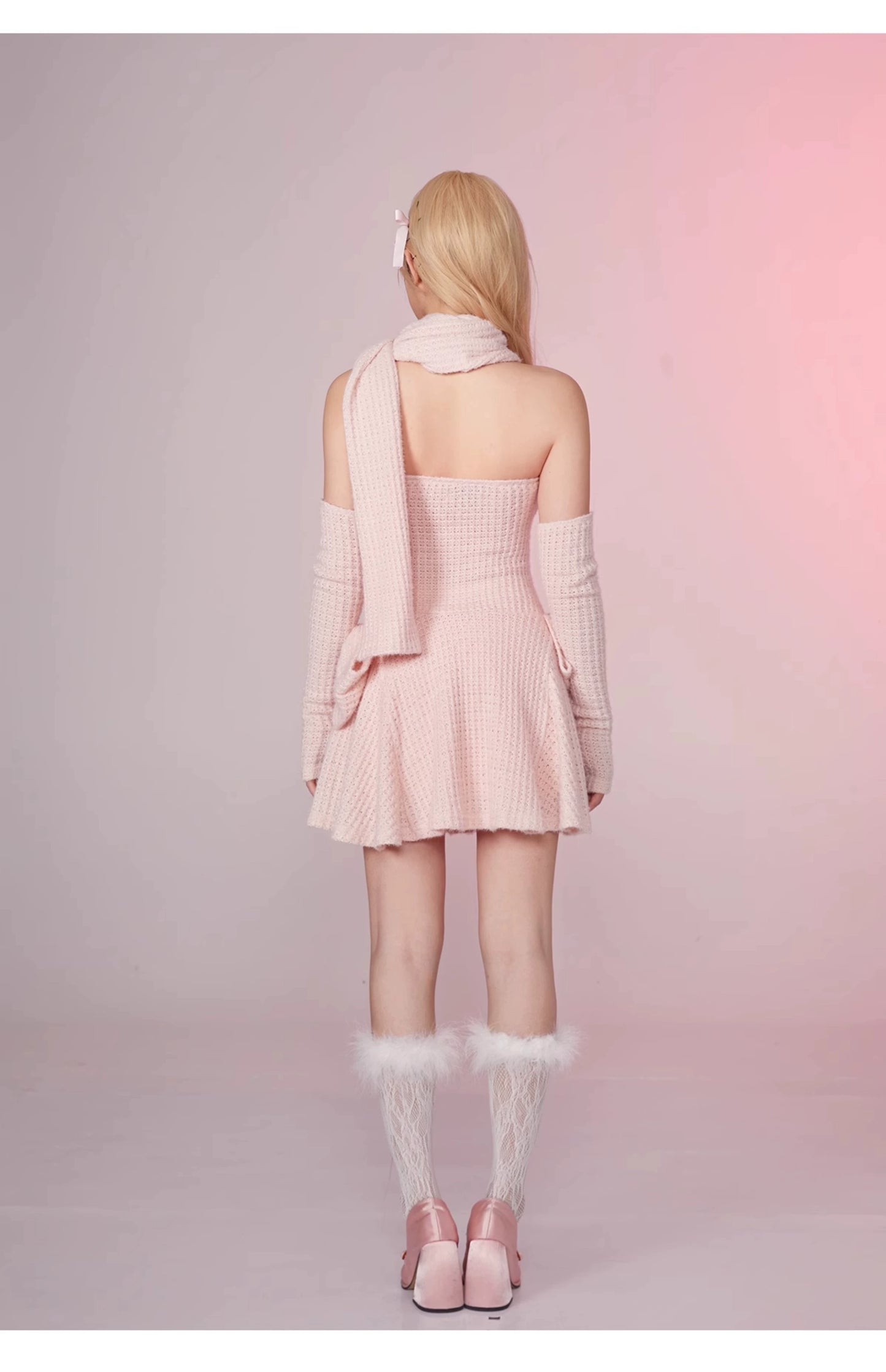 GirlyFancyClub恋人バービーのクリームピンクプリンセスドレス胸パッド付きコーンニットバンドゥドレス