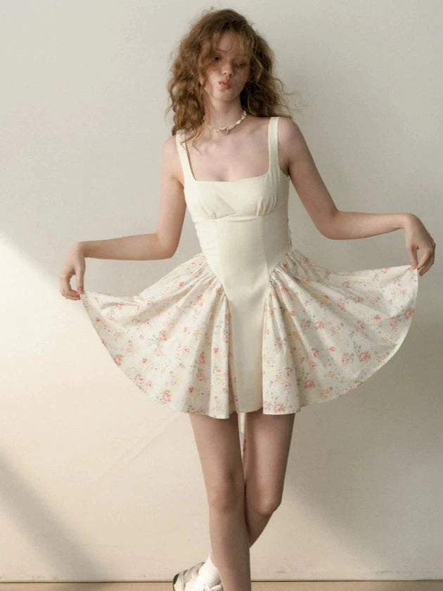Floral Patchwork Bow Tie Design Slip Dress