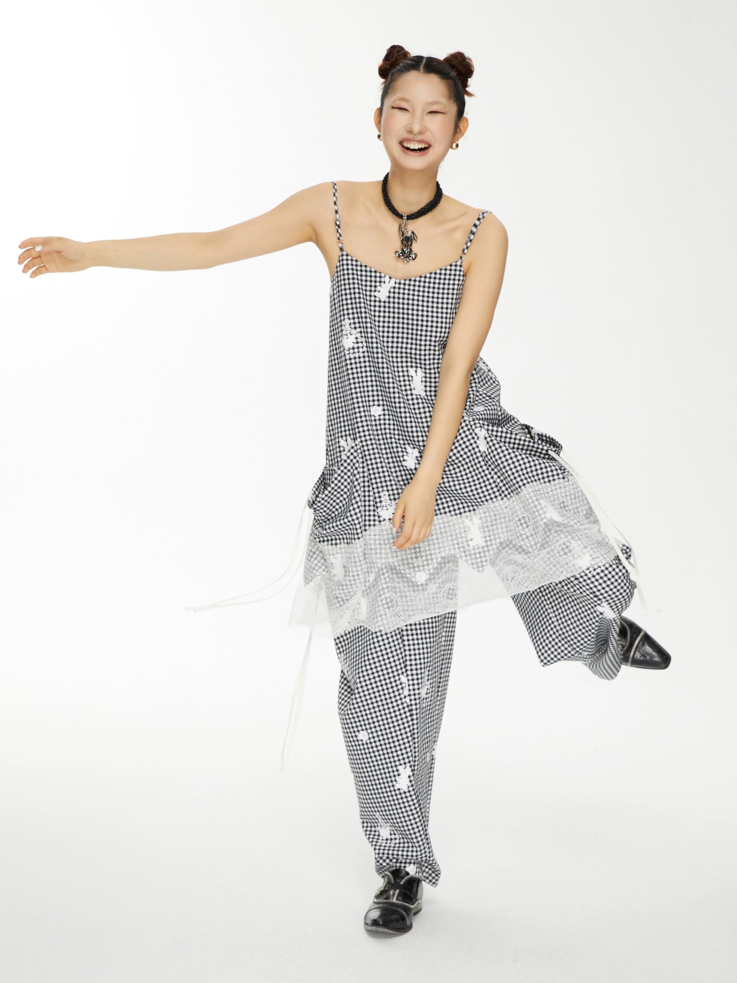 YOSHUYUKI「Punk Bunny」プリントチェックパンツ ルーズカジュアルパンツを解体