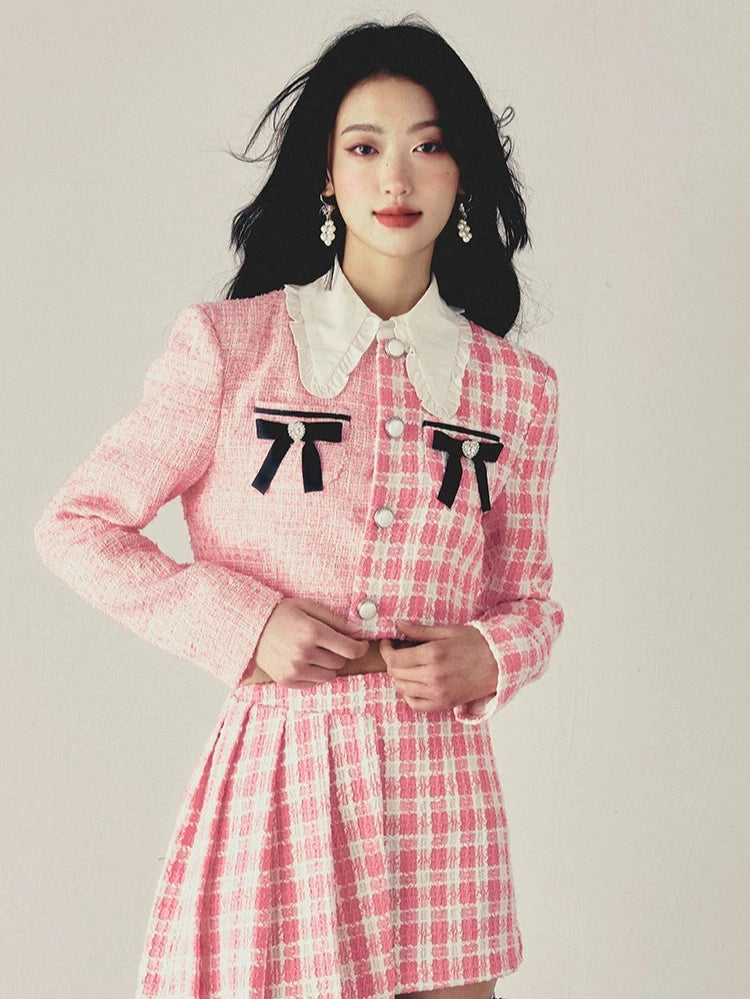Pink Checked Stitched Bow Jacket