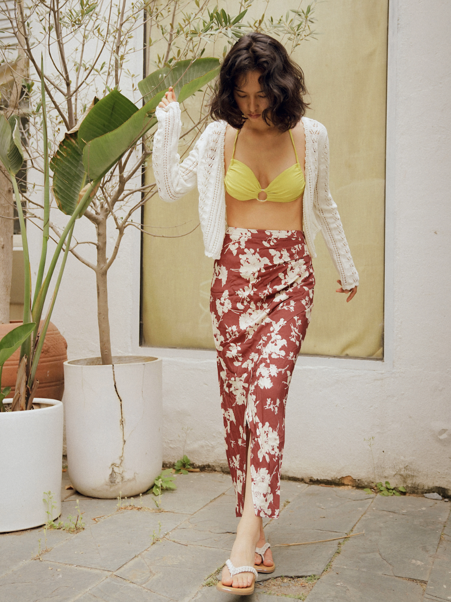 TR彼女の熱い攪拌レンガ色のプリントラップオーバーリゾートスリットジップアップスカート