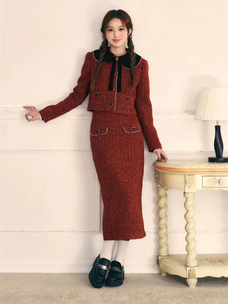 Tweed Small Fragrance Black Velvet Long Skirt