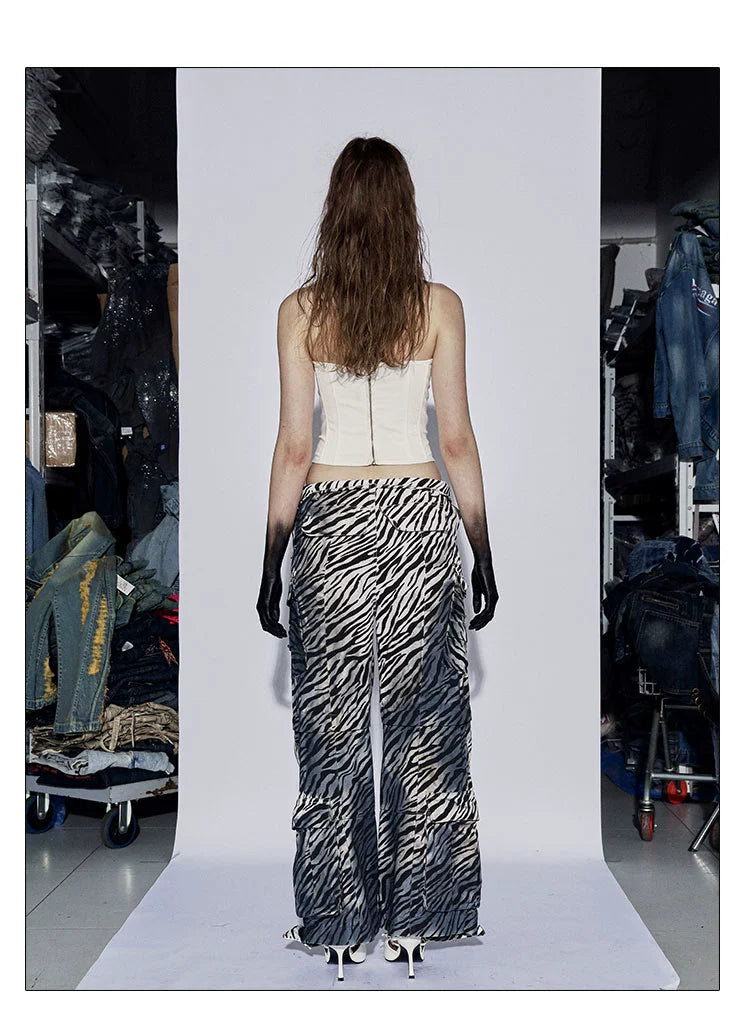 フェイチュイアメリカンヴィンテージベイビーディストレストダーティローライズマルチポケットドローストリングゼブラプリントカーゴパンツワイドレッグパンツ