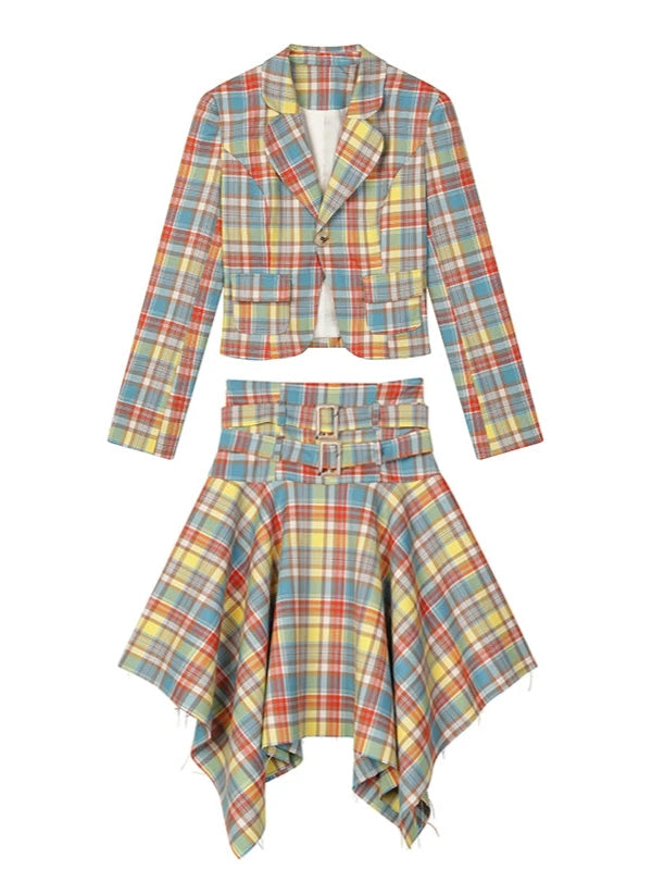 Vintage Yellow and Blue Check Waist Clinched Buckle Irregular Skirt