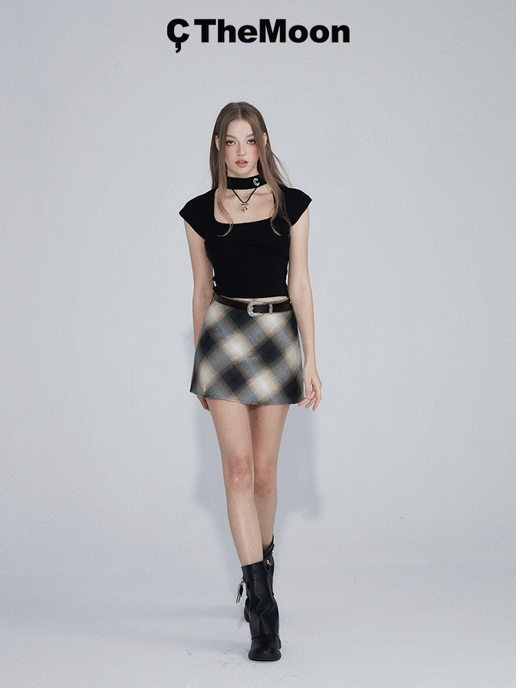 CTheMoon スクエアネックウールブラウス+チェック柄スカート|スーツセット|ブラック/チェック柄 CTM