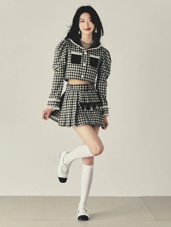Plaid Stitched Pendant Pleated Short Skirt