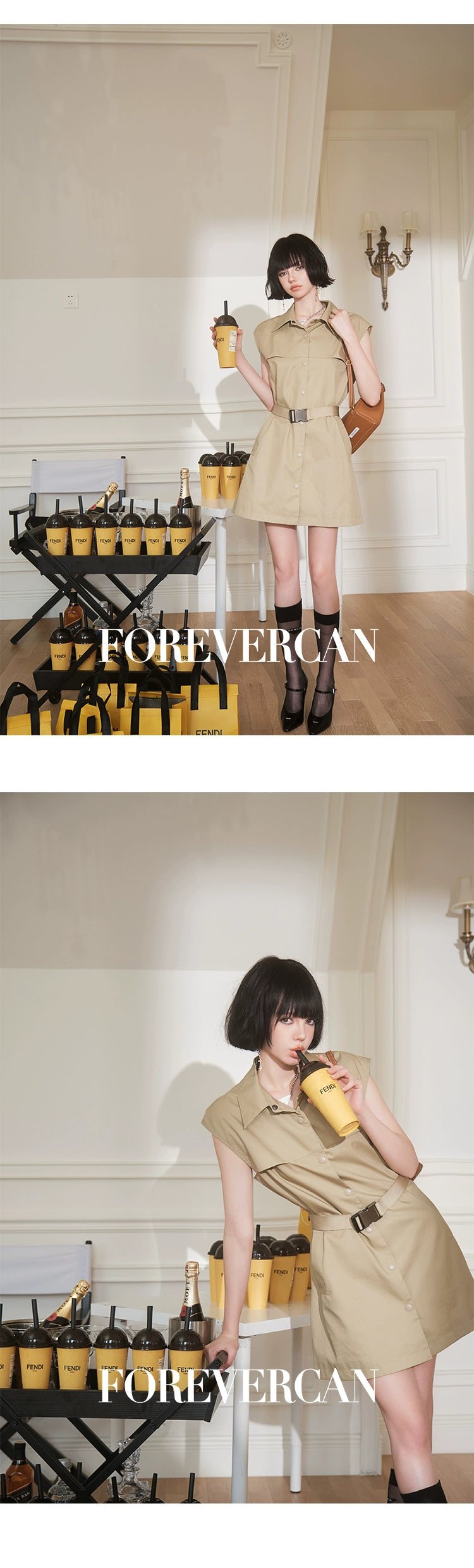 フォーエバーカンレディース2024年夏新しいカーゴジャケットドレスレトロな気質セレブリティスタイルのショートスカート