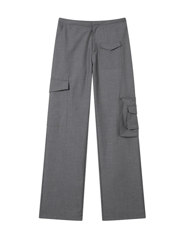 Drape pocket casual straight gray cargo pants