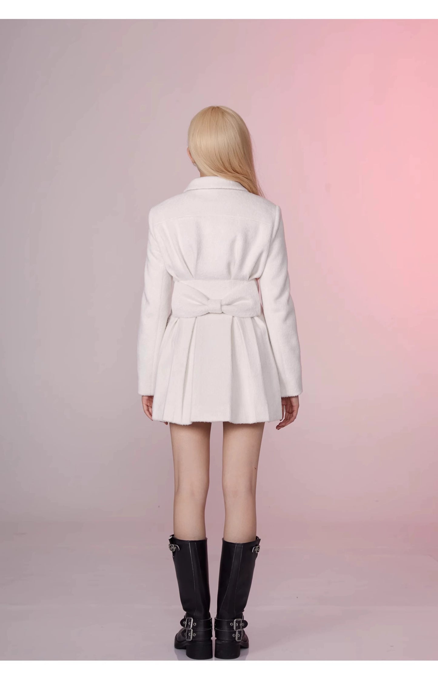 GirlyFancyClub冬の雰囲気*気質クリームウエスト締めジャケットボウミディウールコート