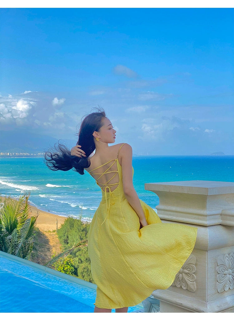 プリンセスリベル少し背中の開いたAラインのスリップドレス夏のドーパミンフランスのリゾートロングスカート