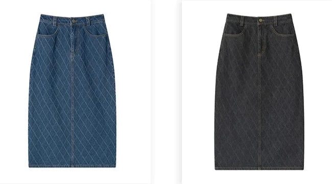 Diamond Check Back Slit Slim Hip Long Denim Skirt